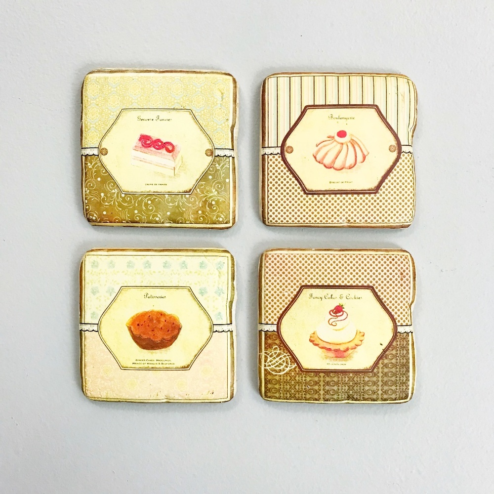 TERRI CONRAD Paris Cafe French Dessert Coasters Set Of 4 Rustic Ceramic Tiles